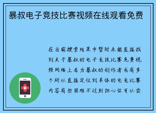 暴叔电子竞技比赛视频在线观看免费